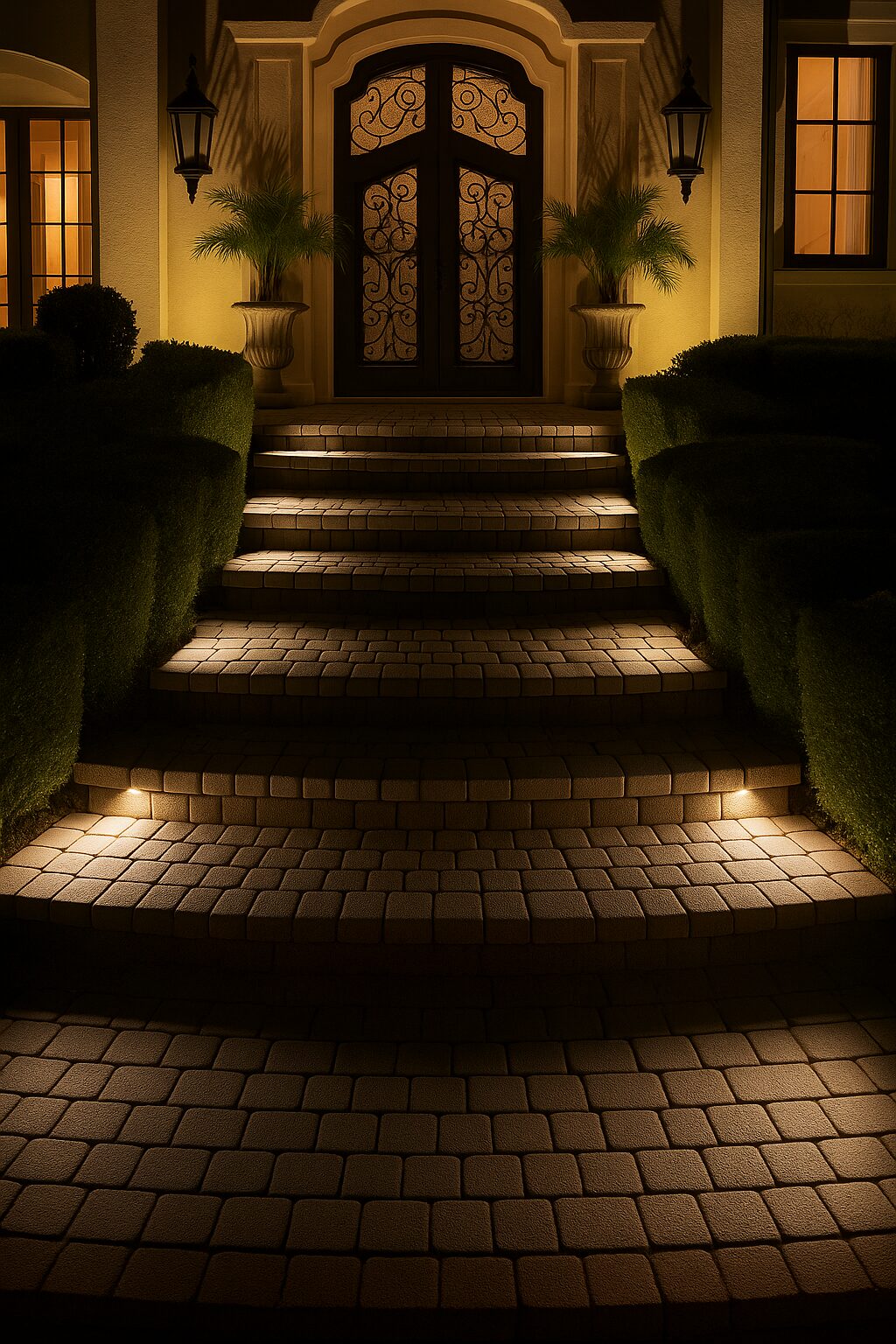 Stone steps leading to an ornate iron and glass front door, lit with recessed step lights.