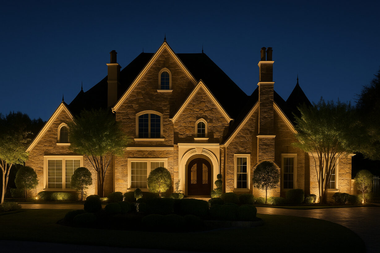 European-style stone manor with full-elevation architectural uplighting.