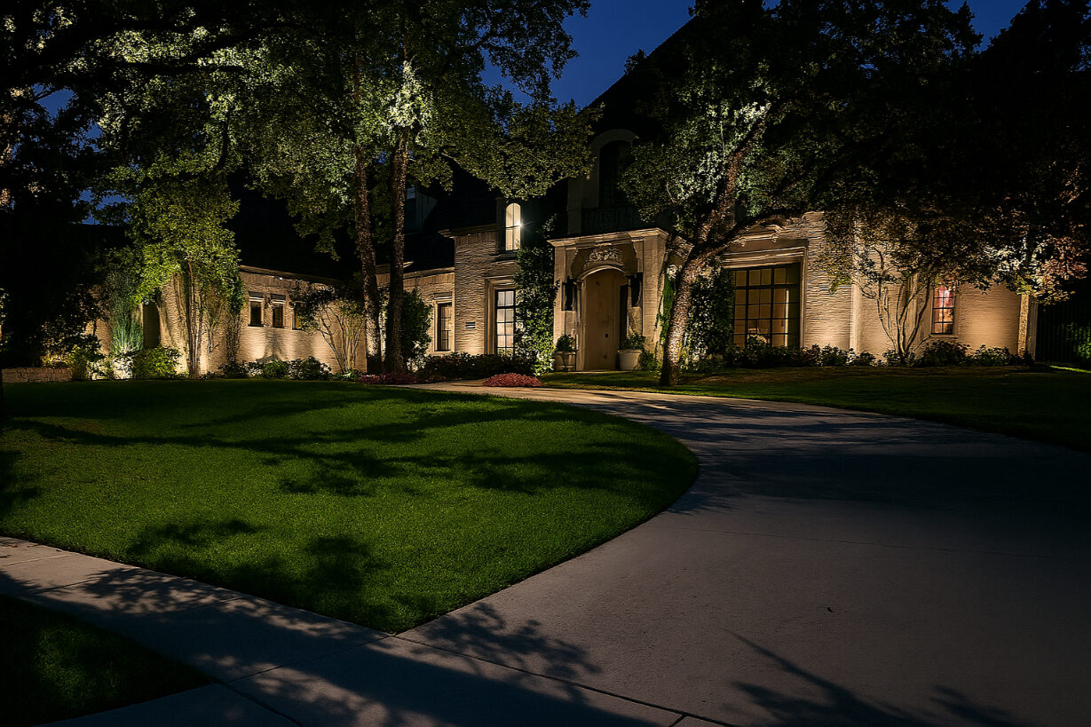 French country home with uplit specimen trees lining the driveway.