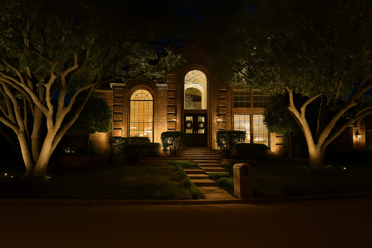 Brick home with arched window and walkway path lighting.
