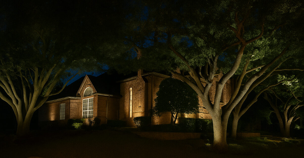 Brick home framed by two large uplit oak trees.