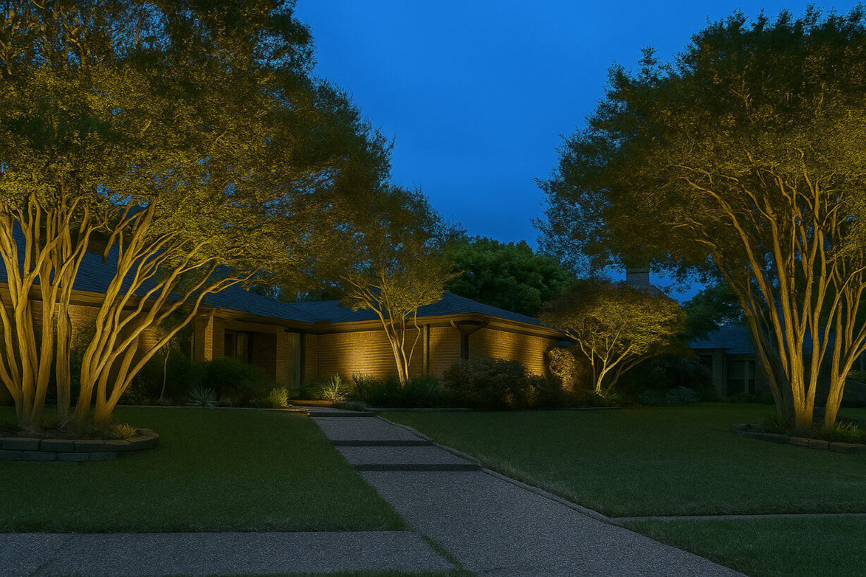 Modern ranch home at dusk with ornamental trees uplit along the front walk.