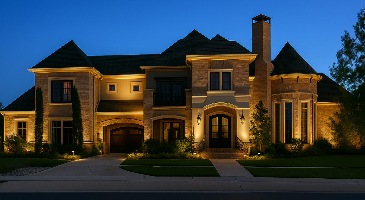 Large chateau-style home with full-elevation lighting on turrets and dormers.