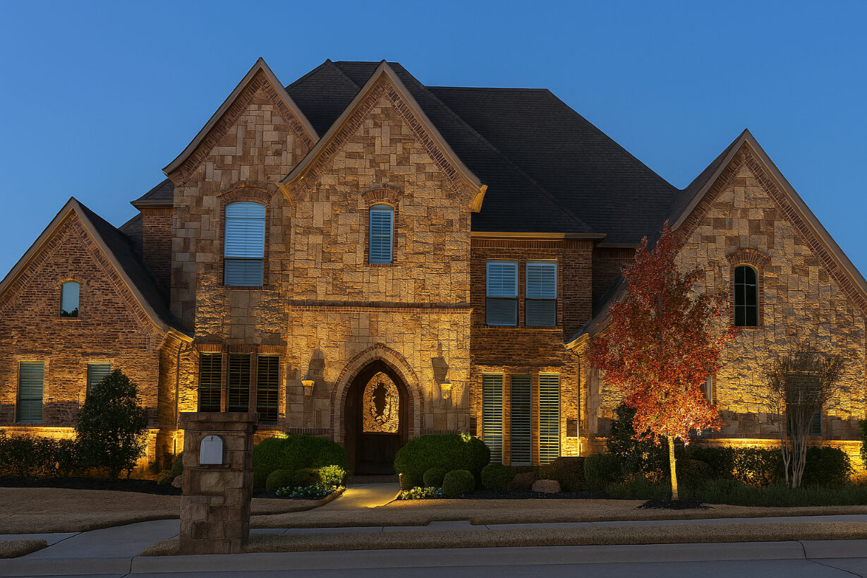 Multi-gable stone and brick home with each gable individually lit.