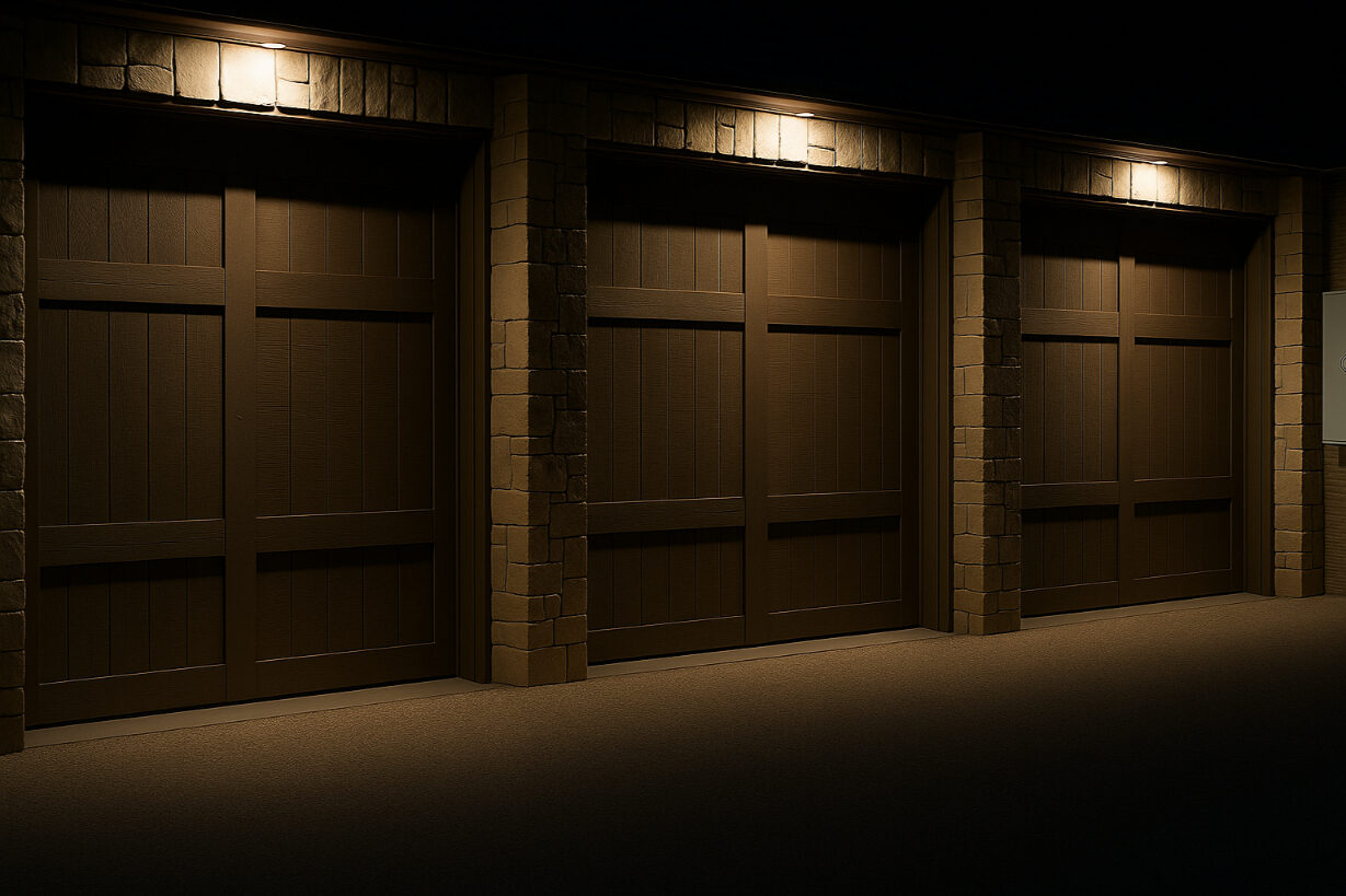 Three-car garage with stone columns lit by soffit-mounted downlights.