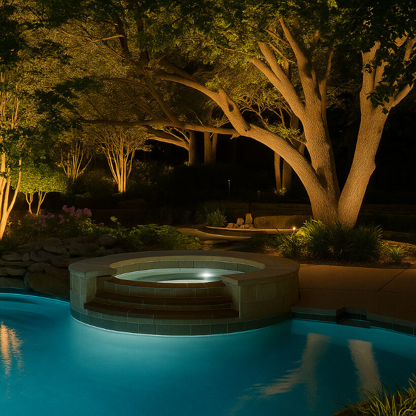 Backyard pool and spa beneath a large uplit specimen oak tree.