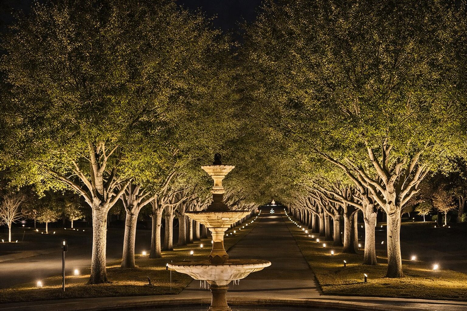 Formal tree-lined allée with a lit fountain at the end of the path.